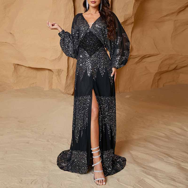 Long Sleeve Sequined V Neck Maxi Dress Black Formal Prom Dress