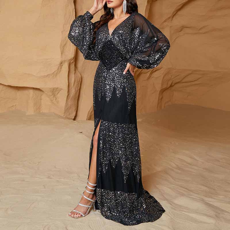 Long Sleeve Sequined V Neck Maxi Dress Black Formal Prom Dress