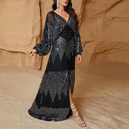 Long Sleeve Sequined V Neck Maxi Dress Black Formal Prom Dress