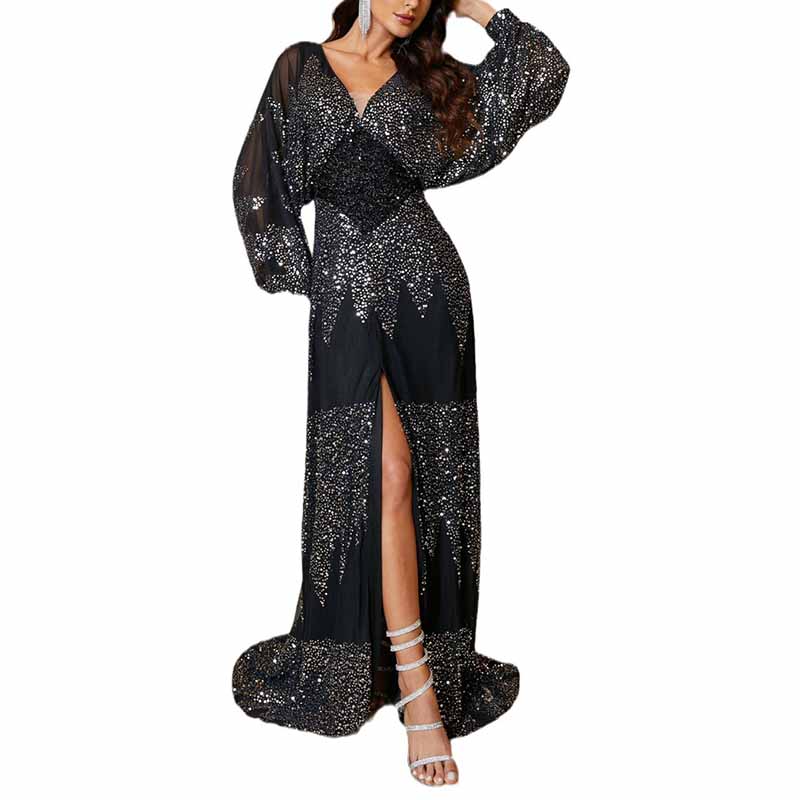 Long Sleeve Sequined V Neck Maxi Dress Black Formal Prom Dress