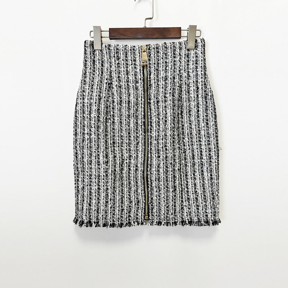 Multi Color Tweed Blazer Set Belted Lapel Zip-Up Skirt Suit