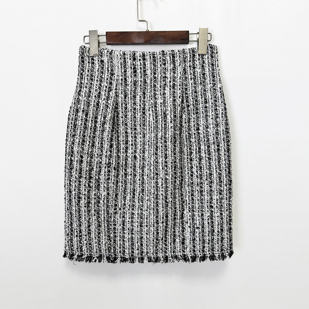 Multi Color Tweed Blazer Set Belted Lapel Zip-Up Skirt Suit