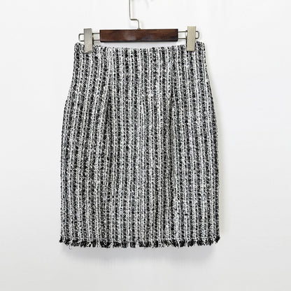 Multi Color Tweed Blazer Set Belted Lapel Zip-Up Skirt Suit