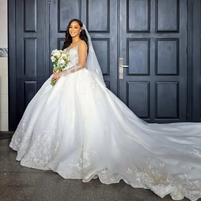 Satin A-Line Wedding Gown with Lace Detailing – Long Sleeves & Cathedral Train
