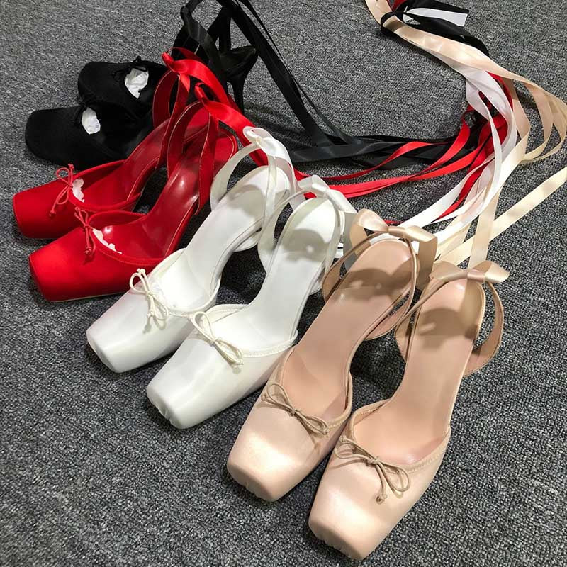Satin Ballet Heels with Ribbon Ties | Square Toe Lace-Up Sandals