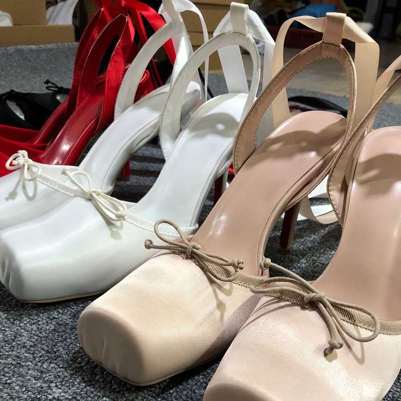Satin Ballet Heels with Ribbon Ties | Square Toe Lace-Up Sandals