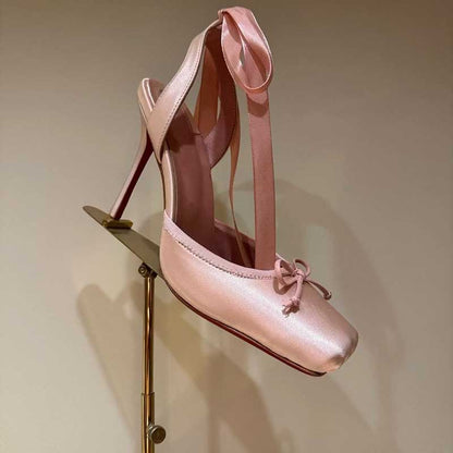 Satin Ballet Heels with Ribbon Ties | Square Toe Lace-Up Sandals