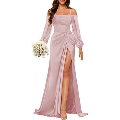 Satin Bridesmaid Dresses Long Sleeve Formal Gowns High-Split Prom Dresses