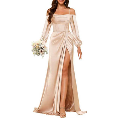 Satin Bridesmaid Dresses Long Sleeve Formal Gowns High-Split Prom Dresses