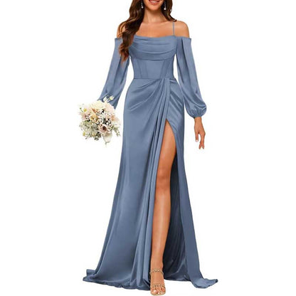 Satin Bridesmaid Dresses Long Sleeve Formal Gowns High-Split Prom Dresses