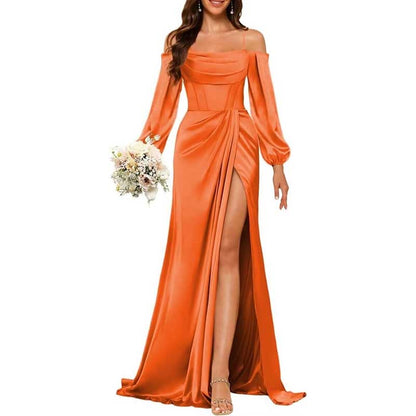 Satin Bridesmaid Dresses Long Sleeve Formal Gowns High-Split Prom Dresses