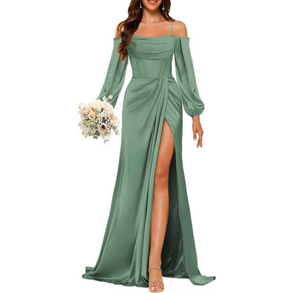 Satin Bridesmaid Dresses Long Sleeve Formal Gowns High-Split Prom Dresses