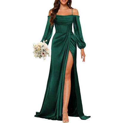 Satin Bridesmaid Dresses Long Sleeve Formal Gowns High-Split Prom Dresses