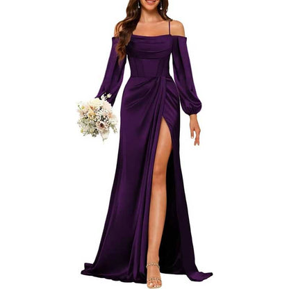 Satin Bridesmaid Dresses Long Sleeve Formal Gowns High-Split Prom Dresses