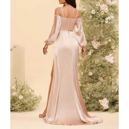 Satin Bridesmaid Dresses Long Sleeve Formal Gowns High-Split Prom Dresses