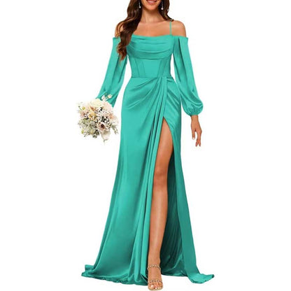 Satin Bridesmaid Dresses Long Sleeve Formal Gowns High-Split Prom Dresses