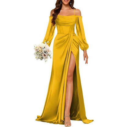 Satin Bridesmaid Dresses Long Sleeve Formal Gowns High-Split Prom Dresses
