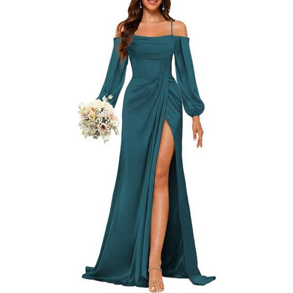 Satin Bridesmaid Dresses Long Sleeve Formal Gowns High-Split Prom Dresses