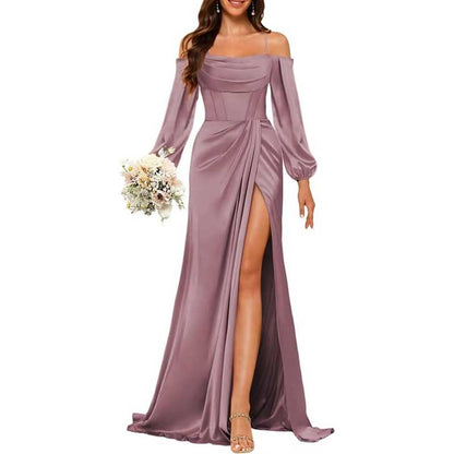 Satin Bridesmaid Dresses Long Sleeve Formal Gowns High-Split Prom Dresses