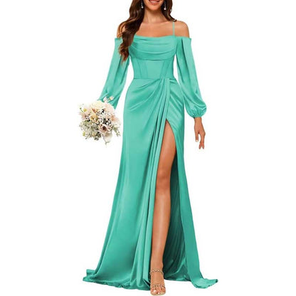 Satin Bridesmaid Dresses Long Sleeve Formal Gowns High-Split Prom Dresses