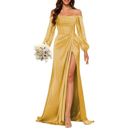 Satin Bridesmaid Dresses Long Sleeve Formal Gowns High-Split Prom Dresses