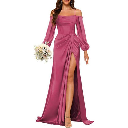 Satin Bridesmaid Dresses Long Sleeve Formal Gowns High-Split Prom Dresses