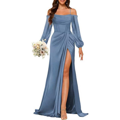 Satin Bridesmaid Dresses Long Sleeve Formal Gowns High-Split Prom Dresses