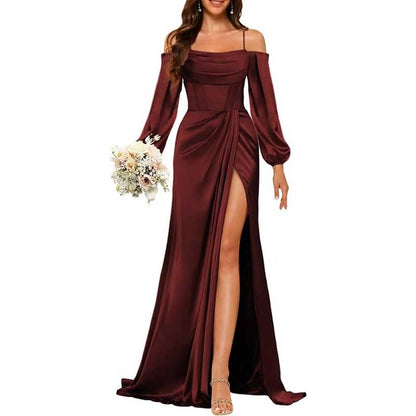 Satin Bridesmaid Dresses Long Sleeve Formal Gowns High-Split Prom Dresses