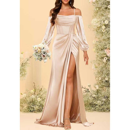 Satin Bridesmaid Dresses Long Sleeve Formal Gowns High-Split Prom Dresses