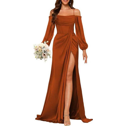 Satin Bridesmaid Dresses Long Sleeve Formal Gowns High-Split Prom Dresses