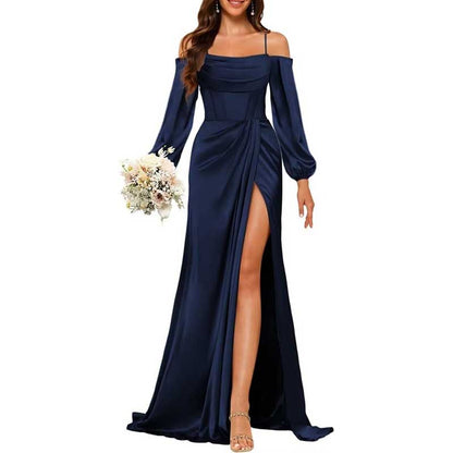 Satin Bridesmaid Dresses Long Sleeve Formal Gowns High-Split Prom Dresses
