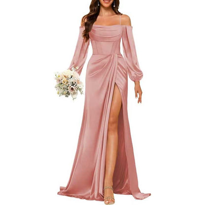 Satin Bridesmaid Dresses Long Sleeve Formal Gowns High-Split Prom Dresses