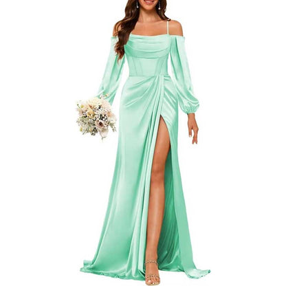 Satin Bridesmaid Dresses Long Sleeve Formal Gowns High-Split Prom Dresses