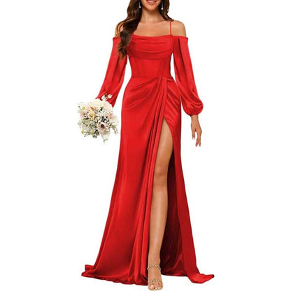 Satin Bridesmaid Dresses Long Sleeve Formal Gowns High-Split Prom Dresses