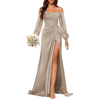 Satin Bridesmaid Dresses Long Sleeve Formal Gowns High-Split Prom Dresses