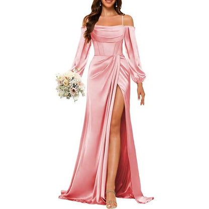Satin Bridesmaid Dresses Long Sleeve Formal Gowns High-Split Prom Dresses