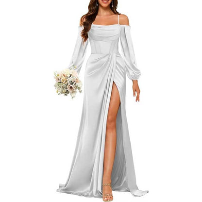 Satin Bridesmaid Dresses Long Sleeve Formal Gowns High-Split Prom Dresses