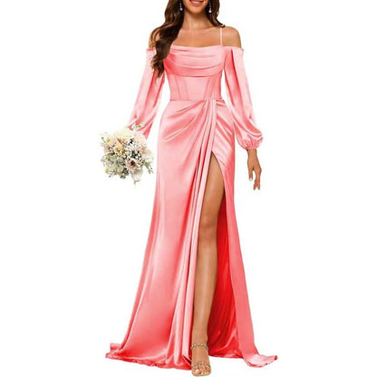 Satin Bridesmaid Dresses Long Sleeve Formal Gowns High-Split Prom Dresses