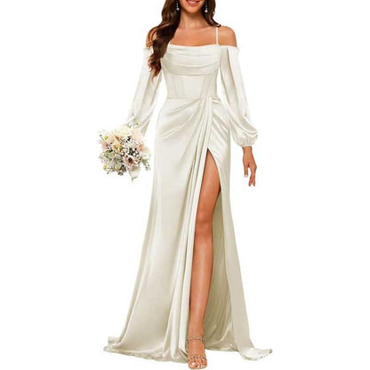 Satin Bridesmaid Dresses Long Sleeve Formal Gowns High-Split Prom Dresses