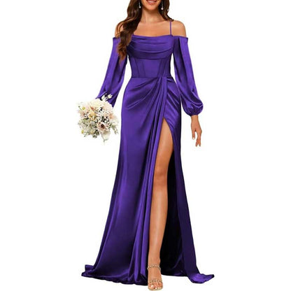 Satin Bridesmaid Dresses Long Sleeve Formal Gowns High-Split Prom Dresses