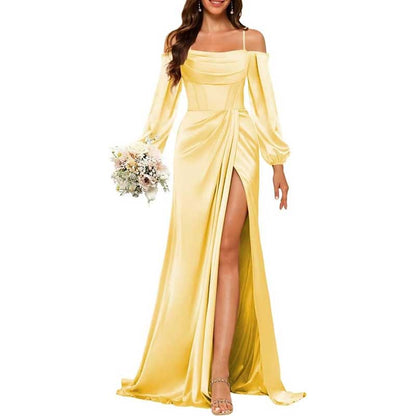 Satin Bridesmaid Dresses Long Sleeve Formal Gowns High-Split Prom Dresses