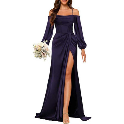Satin Bridesmaid Dresses Long Sleeve Formal Gowns High-Split Prom Dresses