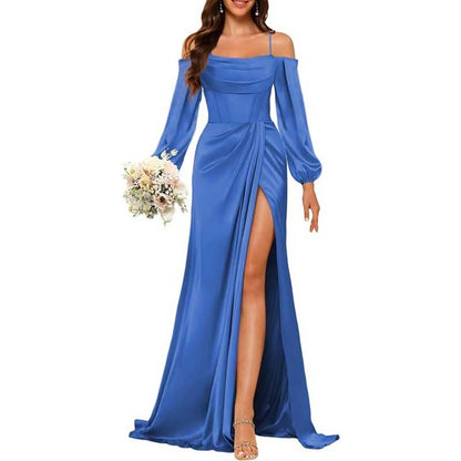 Satin Bridesmaid Dresses Long Sleeve Formal Gowns High-Split Prom Dresses