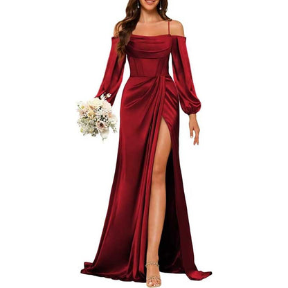 Satin Bridesmaid Dresses Long Sleeve Formal Gowns High-Split Prom Dresses