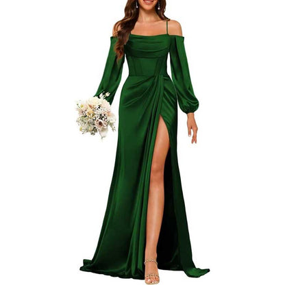 Satin Bridesmaid Dresses Long Sleeve Formal Gowns High-Split Prom Dresses