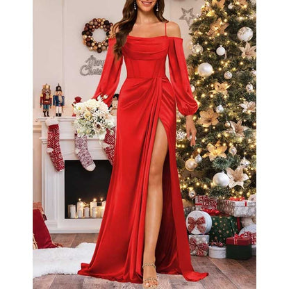 Satin Bridesmaid Dresses Long Sleeve Formal Gowns High-Split Prom Dresses