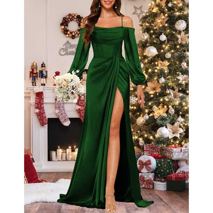 Satin Bridesmaid Dresses Long Sleeve Formal Gowns High-Split Prom Dresses