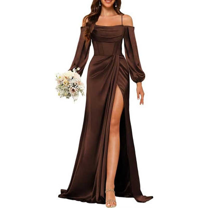 Satin Bridesmaid Dresses Long Sleeve Formal Gowns High-Split Prom Dresses