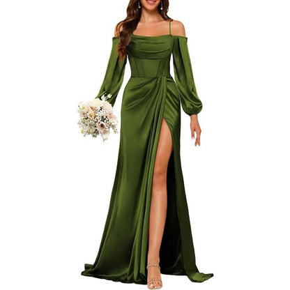 Satin Bridesmaid Dresses Long Sleeve Formal Gowns High-Split Prom Dresses