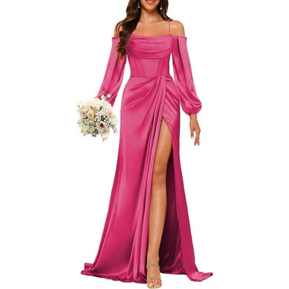 Satin Bridesmaid Dresses Long Sleeve Formal Gowns High-Split Prom Dresses